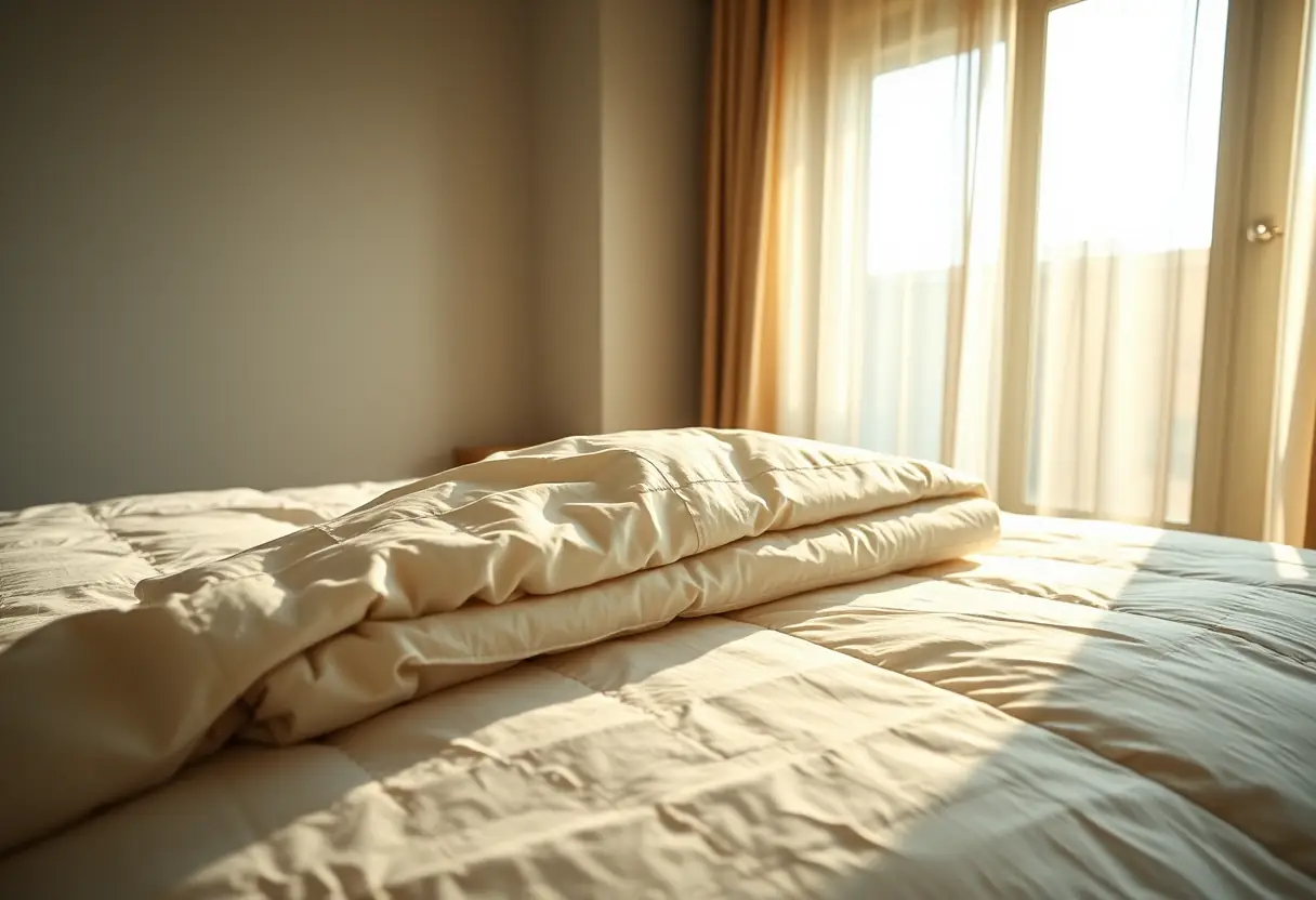 Couette en coton pliée sur un lit, lumière du matin réchauffant la chambre