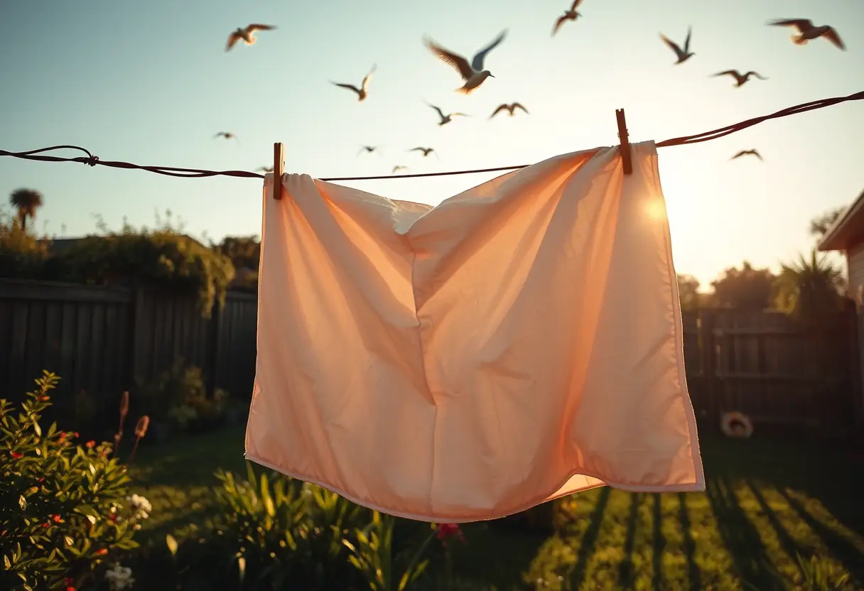 Un drap housse synthétique en train de sécher dans un jardin