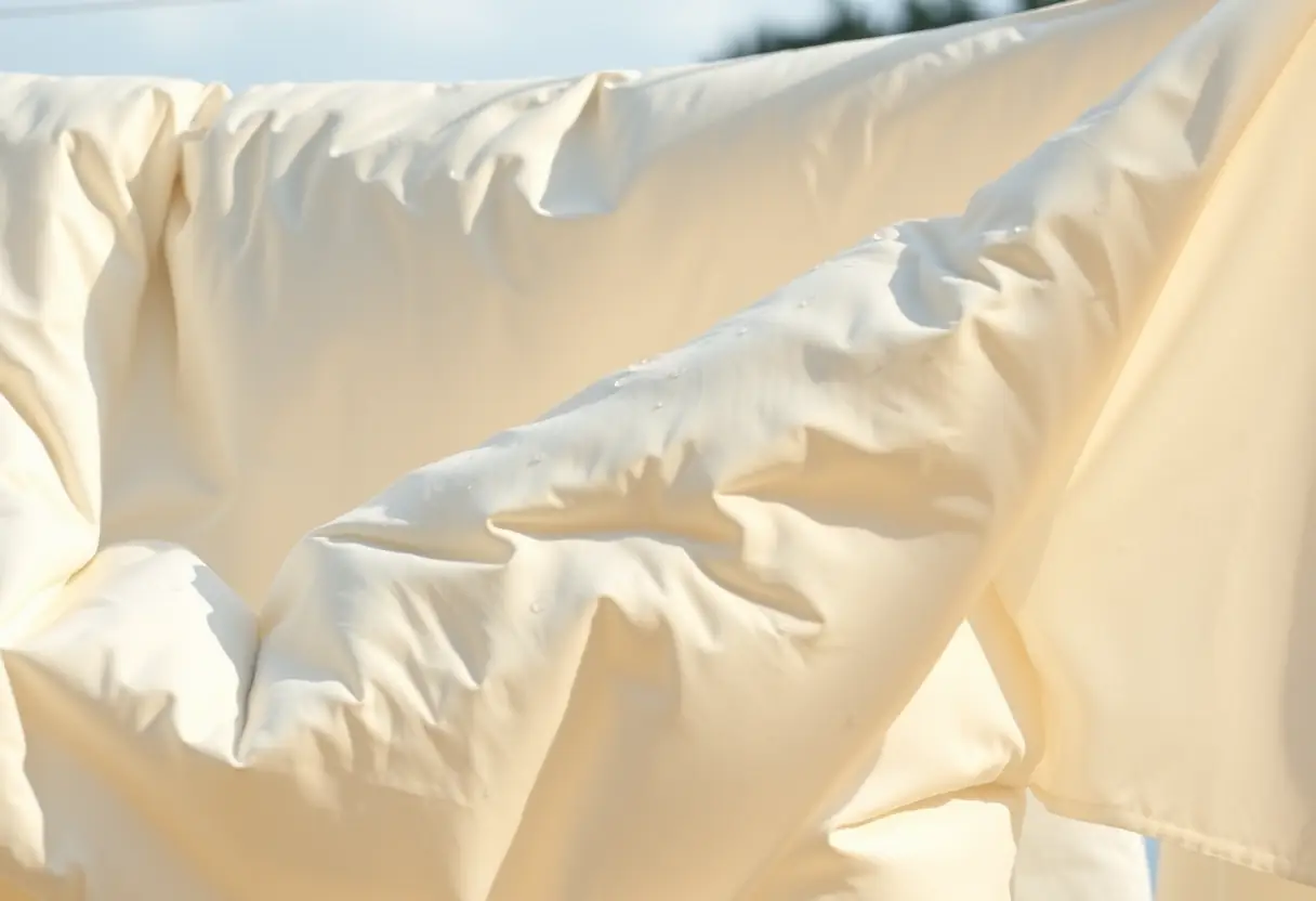 Couette en duvet de canard de qualité supérieure séchant sur une corde à linge, gouttes d'eau brillantes