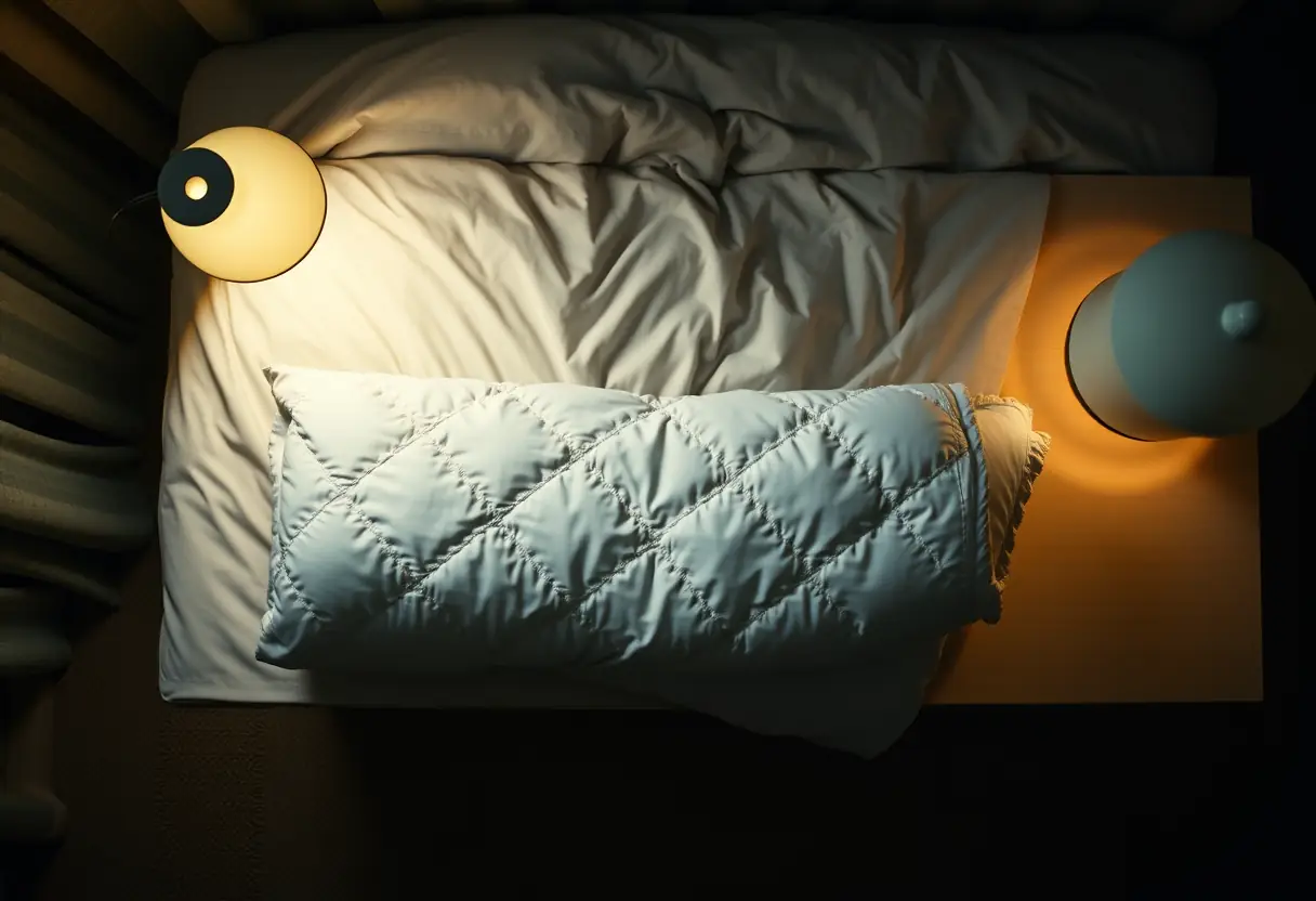 Une couette polaire pliée sur une commode