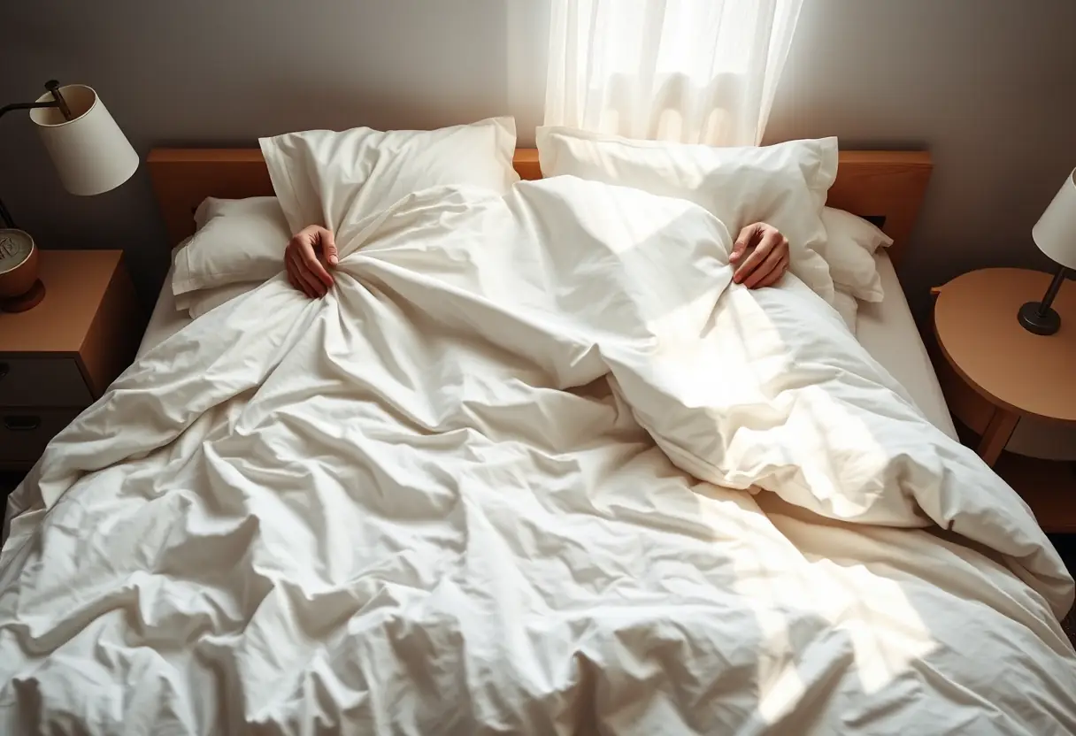 Des mains ajustant un couvert de duvet sur un lit, éclairé par la lumière du matin