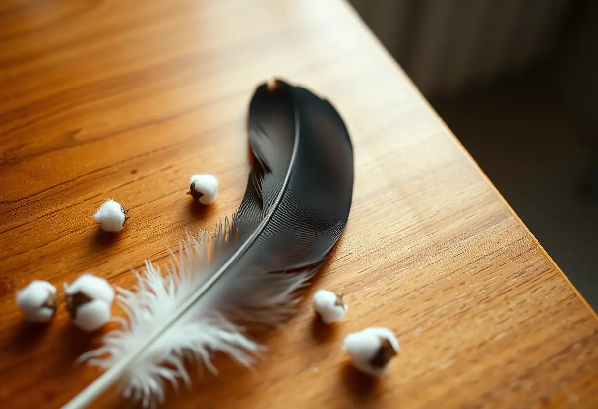 Plume posée sur une commode avec des boules de coton