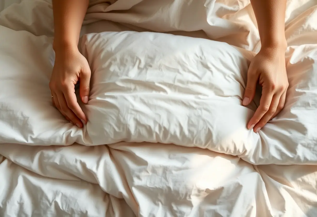 Main de couverture garnie de duvet sur un lit