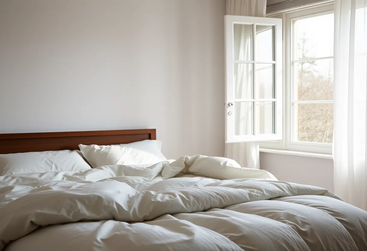 Une fenêtre de chambre entrouverte fait frissonner les bords d'une couette garnie de duvet sur un lit