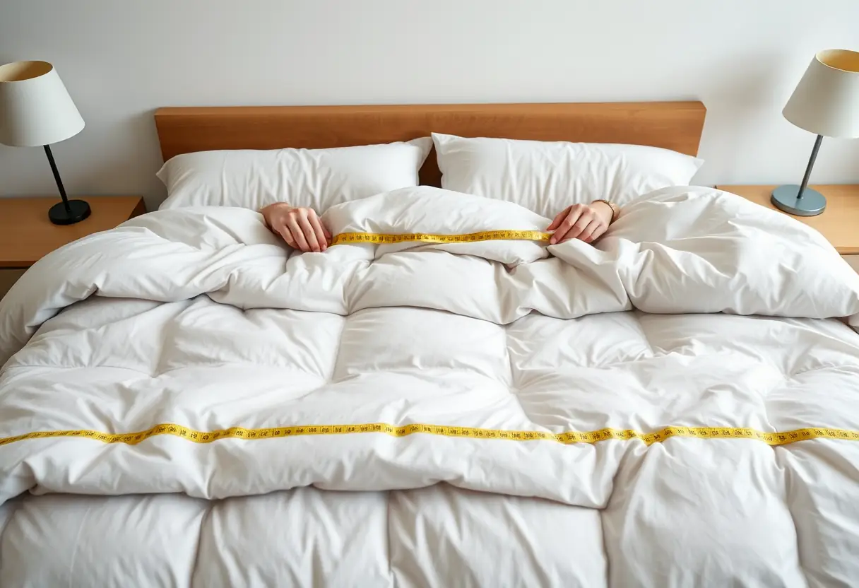 Des mains mesurent soigneusement un drap-housse sur un grand lit