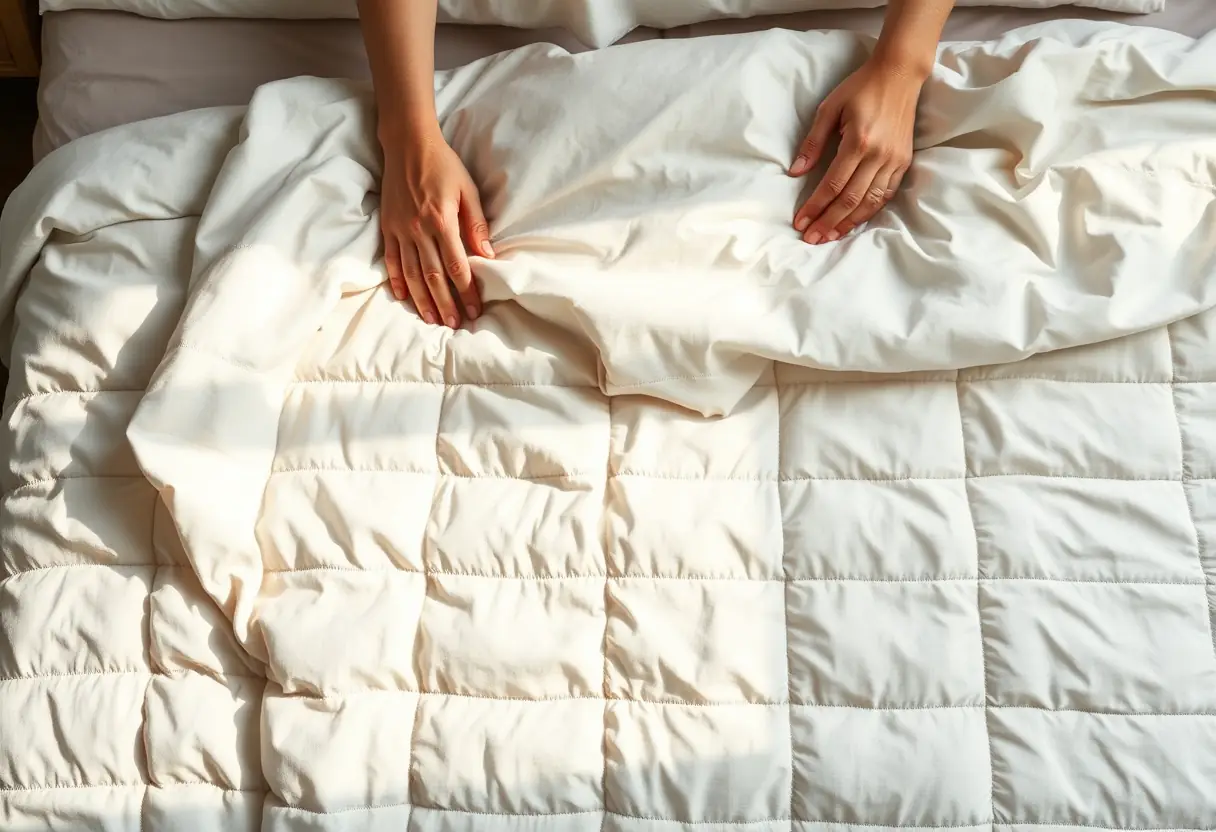 Des mains qui lisent un édredon d'été léger sur un lit, soulignant sa finesse