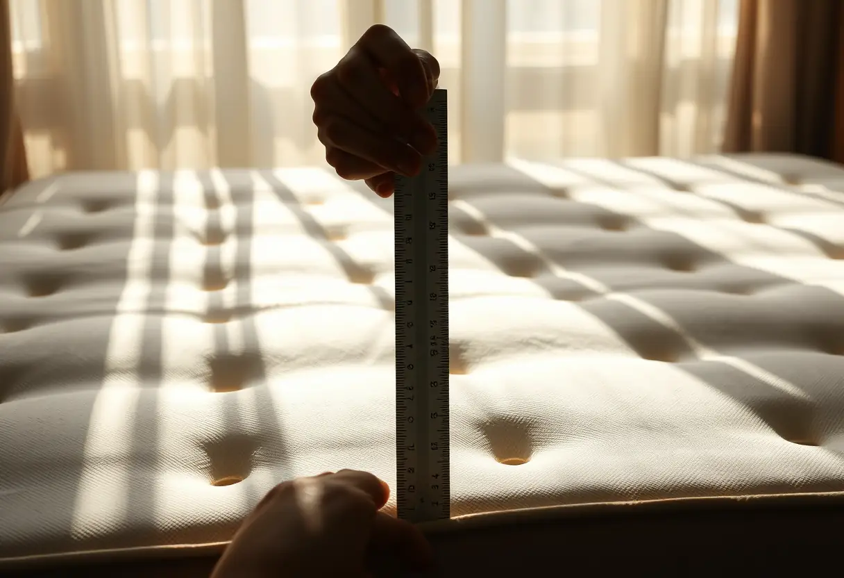 Une main tenant un mètre au-dessus d'un matelas, la lumière du matin se reflète dans la pièce