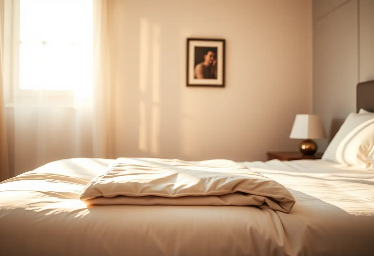 Un couvre-lit soigneusement plié au pied du lit dans une chambre baignée de lumière du matin