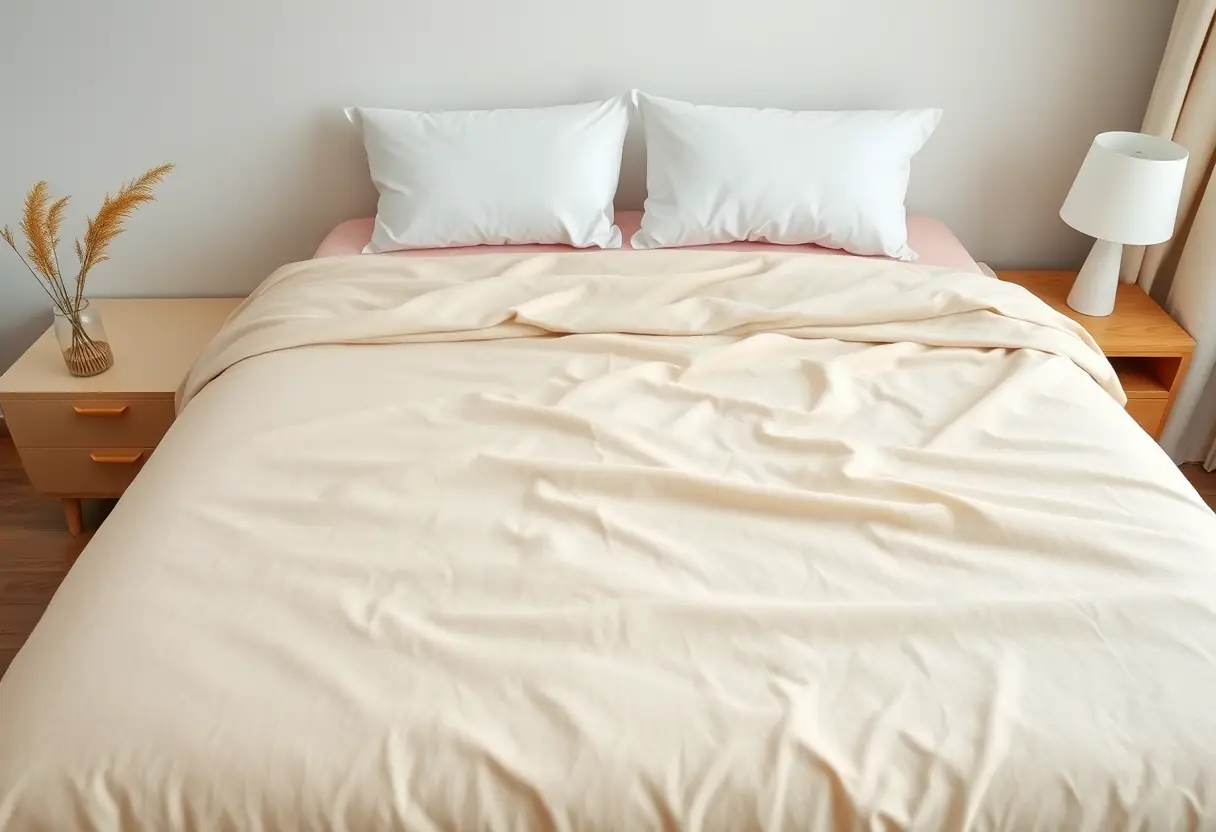 Un lit avec une housse de couette en fibre de bambou