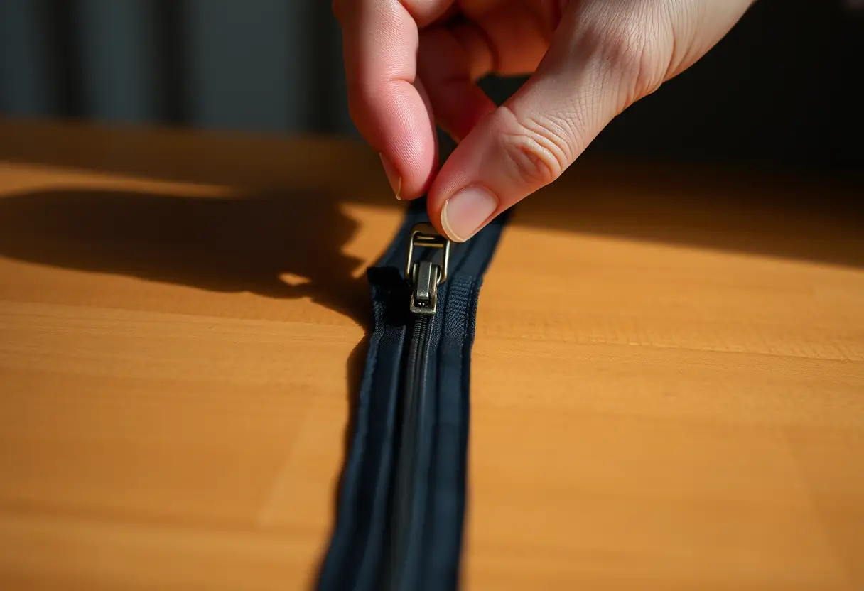 Main tenant une fermeture éclair sur une table, sans texte