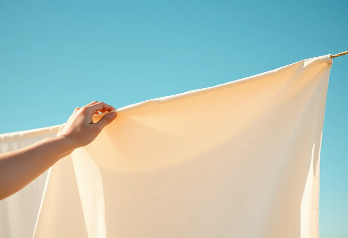 Une main étalant une housse de couette beige fraîchement lavée sur une corde à linge