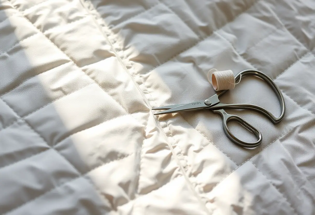 Des ciseaux et un fil posés près d'un ourlet fini sur un drap de lit enfant