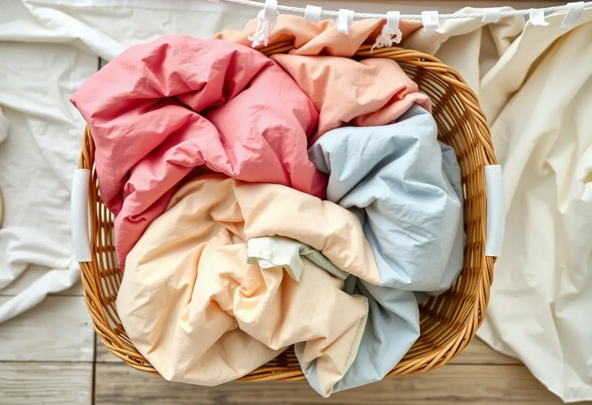 Un panier à linge rempli de housses de couette en mélange de coton et de polyester multicolores, certains sont accrochés sur une corde à linge