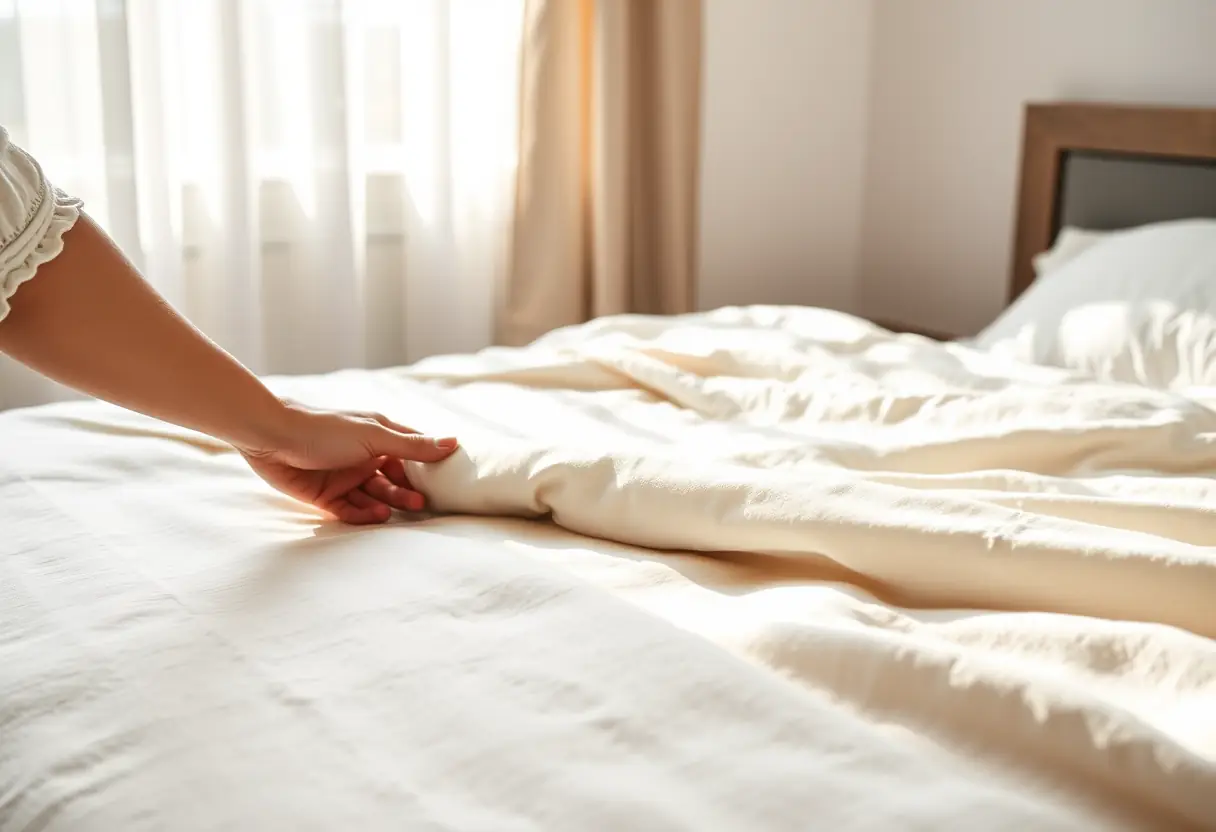 Main tenant qui repousse une housse de couette en flanelle