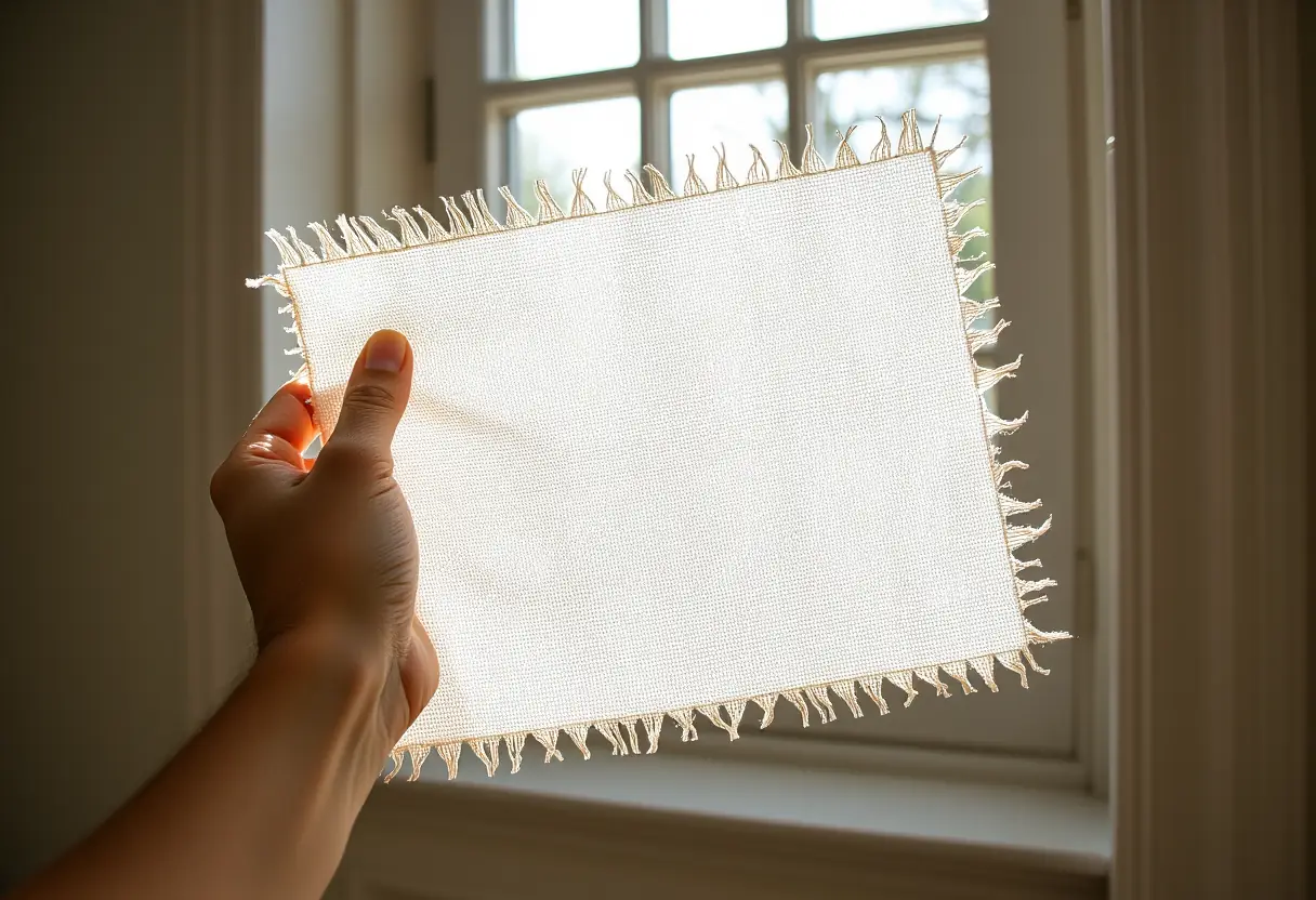 Une main tenant un échantillon de tissu en coton devant une fenêtre