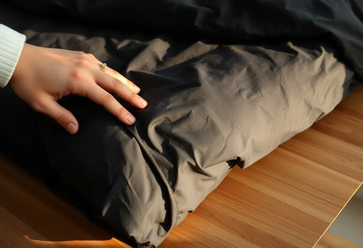 Une main repasse une ride sur une housse de couette noire bien pliée