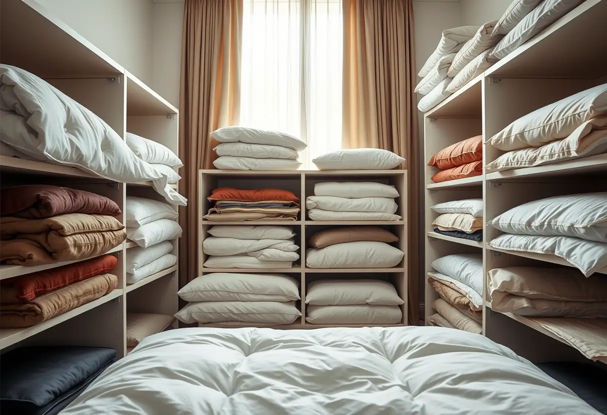 Un placard de chambre à coucher avec des duvets pliés de différentes couleurs