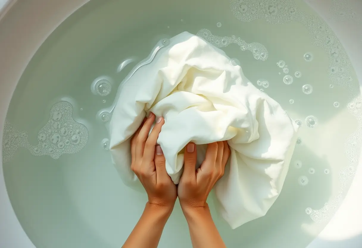 Des mains qui pressent délicatement un duvet plongé dans une baignoire remplie d'eau chaude, des bulles flottent à la surface