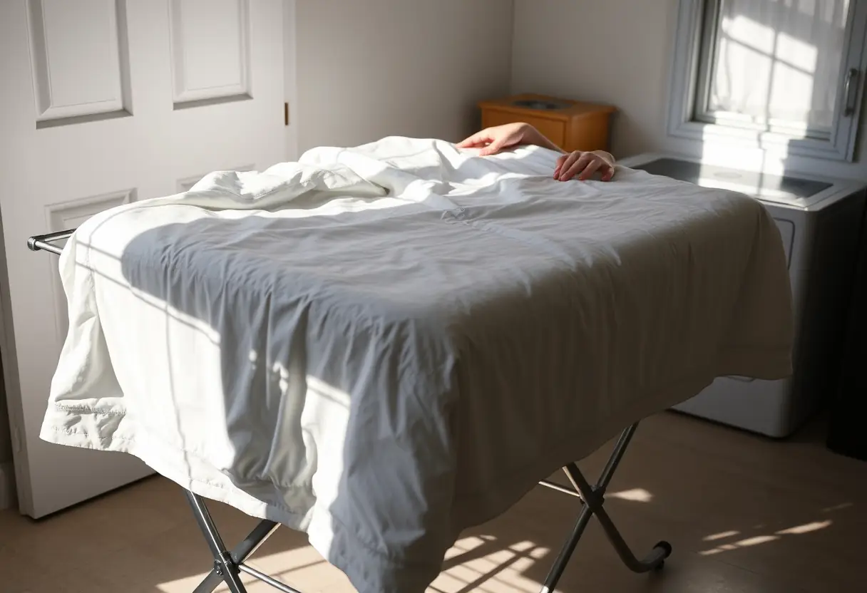 Des mains étalant un couvre-lit fraîchement lavé dans une pièce de lavage