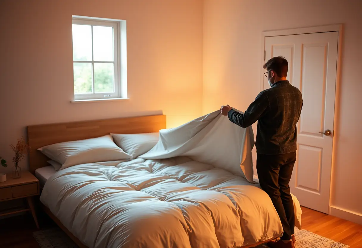 Une chambre éclairée avec douceur, montrant un lit recouvert d'une belle couette de 160x200cm. Une personne ajuste la couette pour qu'elle soit parfaitement adaptée.